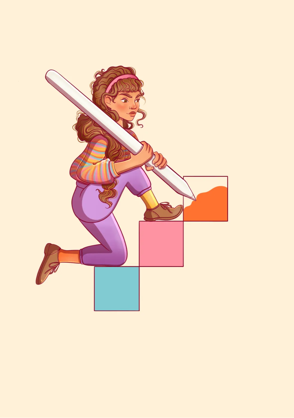 Girl climbing color blocks carrying a giant pencil — illustration by Lizy Del Busto